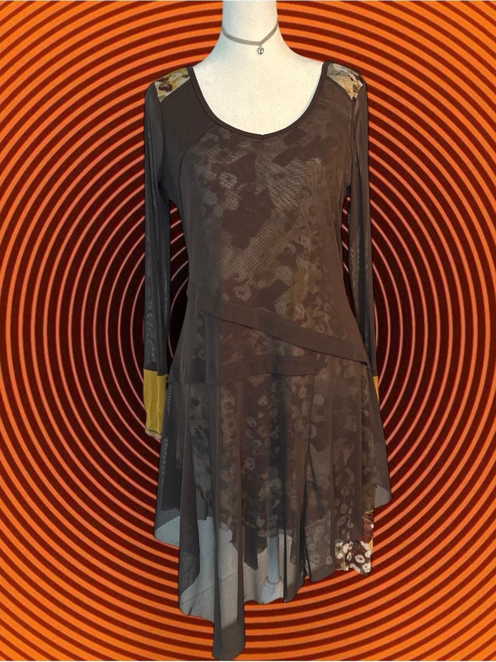 Stella Carakasi Asymmetrical Brown Dress with Mustard Accents